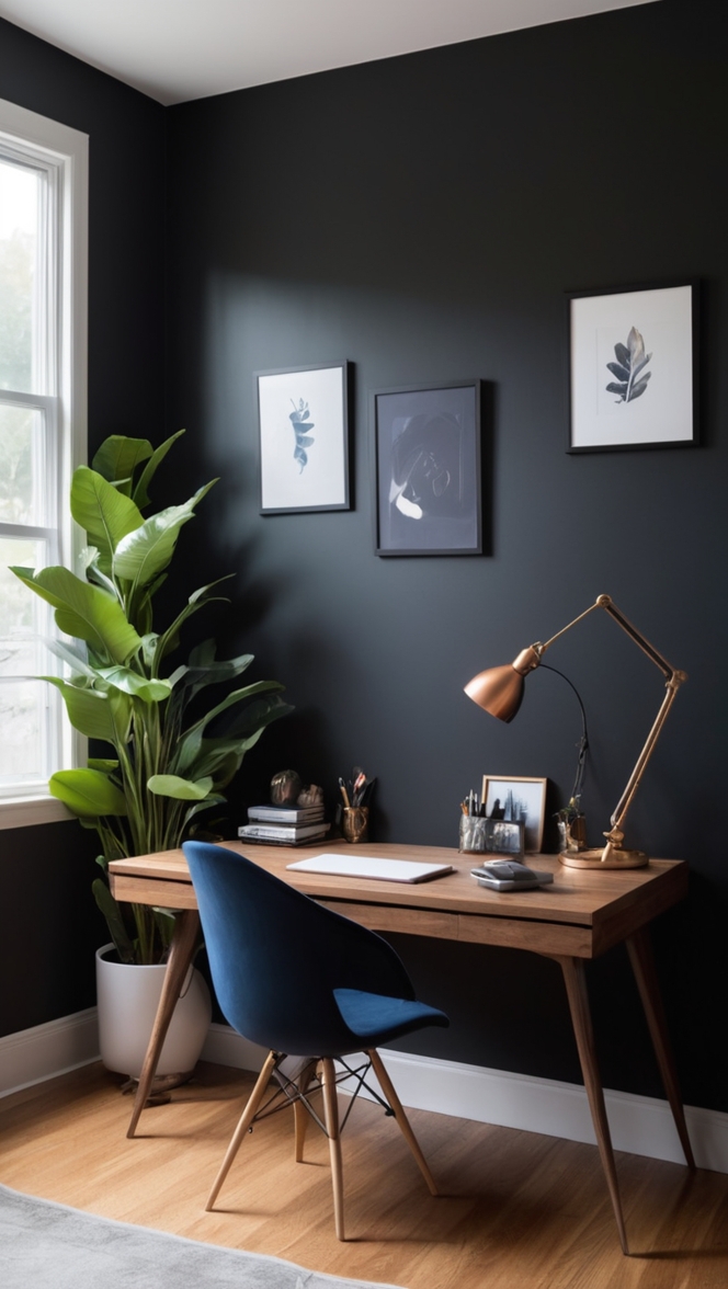 workspace design, elegant office decor, dark wall office, dramatic workspace makeover, contemporary office design