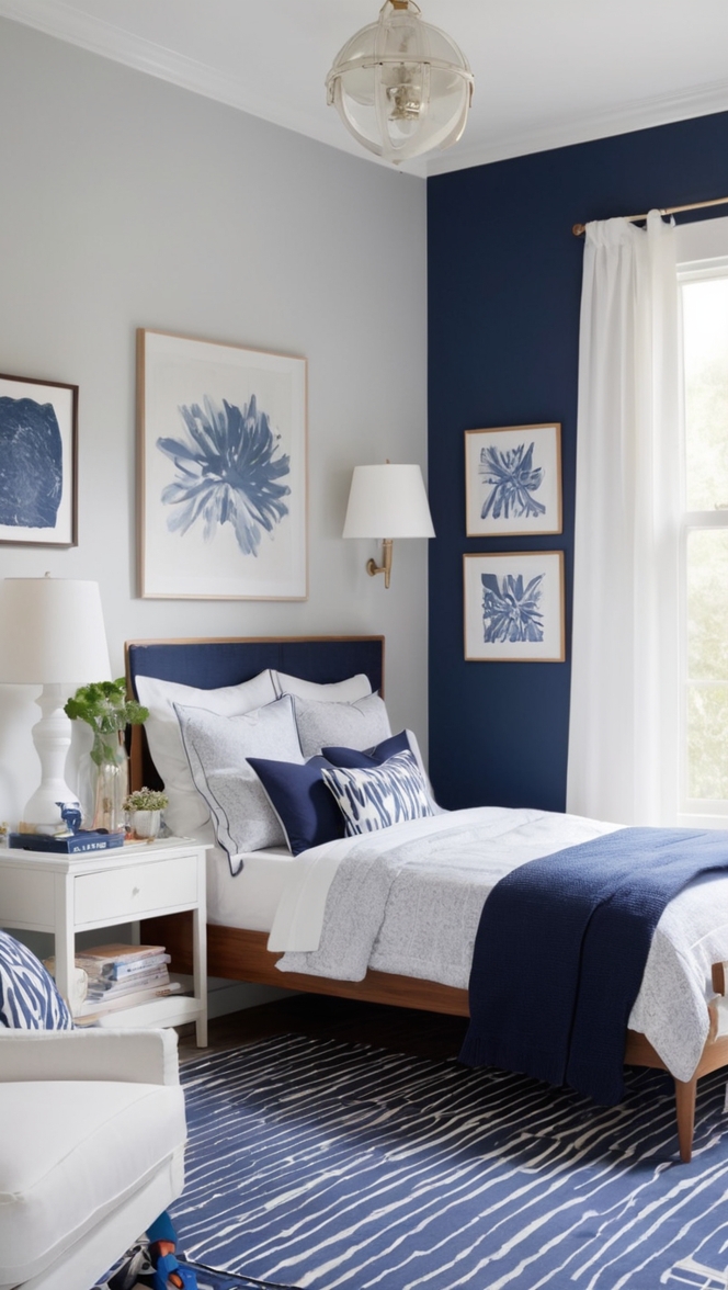 navy blue bedroom, navy and white decor, navy bedroom ideas, white and navy bedroom, navy and white bedding