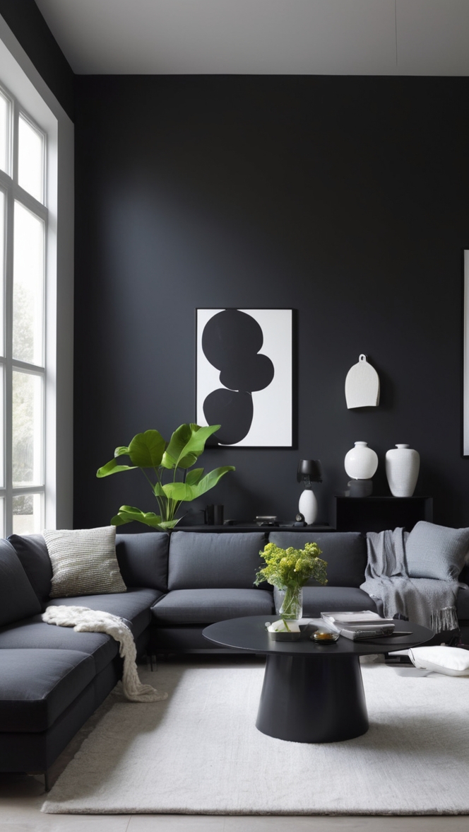 black living room decor, minimalist home accessories, modern minimalist furniture, sleek black furniture, minimalist interior design