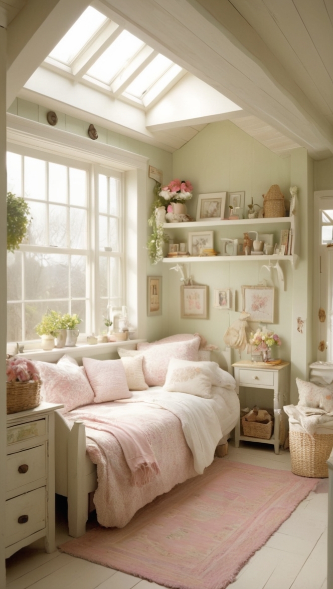 bedroom decor, cottage style, shabby chic, vintage furniture, country home