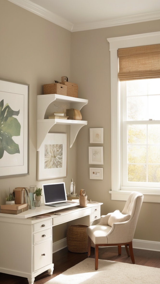 cozy home office decor, comfortable office setup, serene workspace ideas, calming office design, tranquil office environment