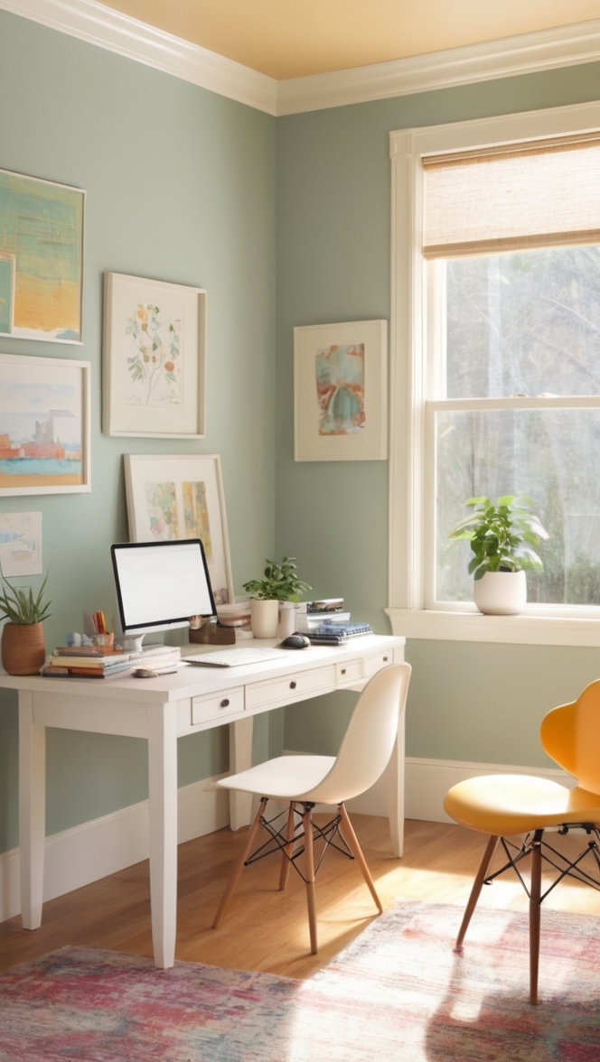 cozy work from home space, comfortable home office, relaxing home workspace, inviting home office, tranquil home work space