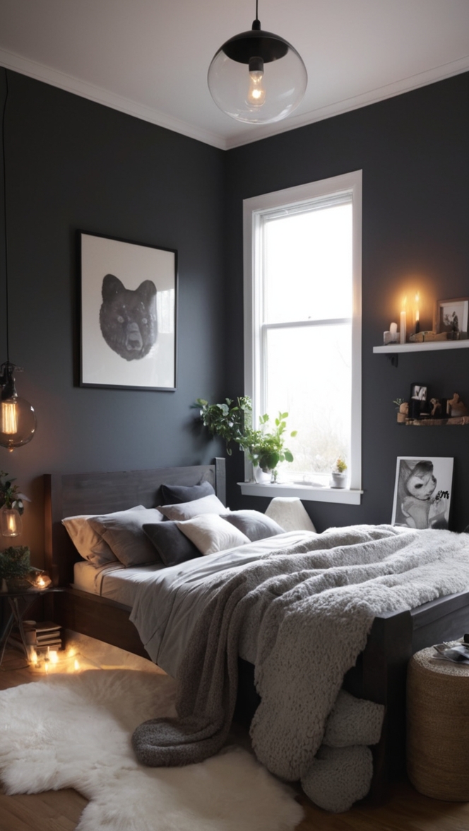 dark cozy bedroom decor, modern dark bedroom ideas, luxurious dark bedroom designs, elegant black bedroom decor, chic moody bedroom inspirations