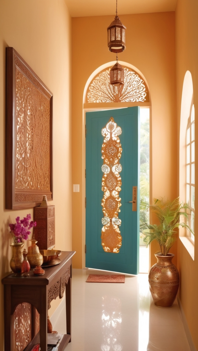 home decor, entrance rug, festive lights, floral wreath, candle lantern