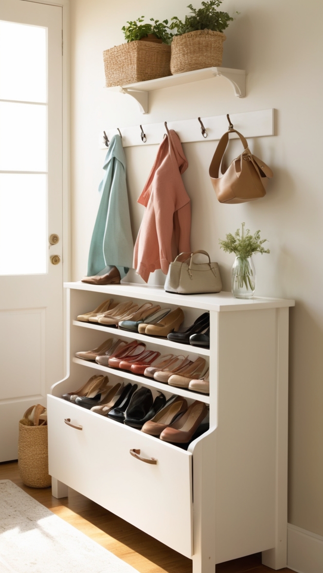 entryway shoe rack, foyer shoe bench, hallway shoe organizer, mudroom shoe cabinet, shoe storage bench
