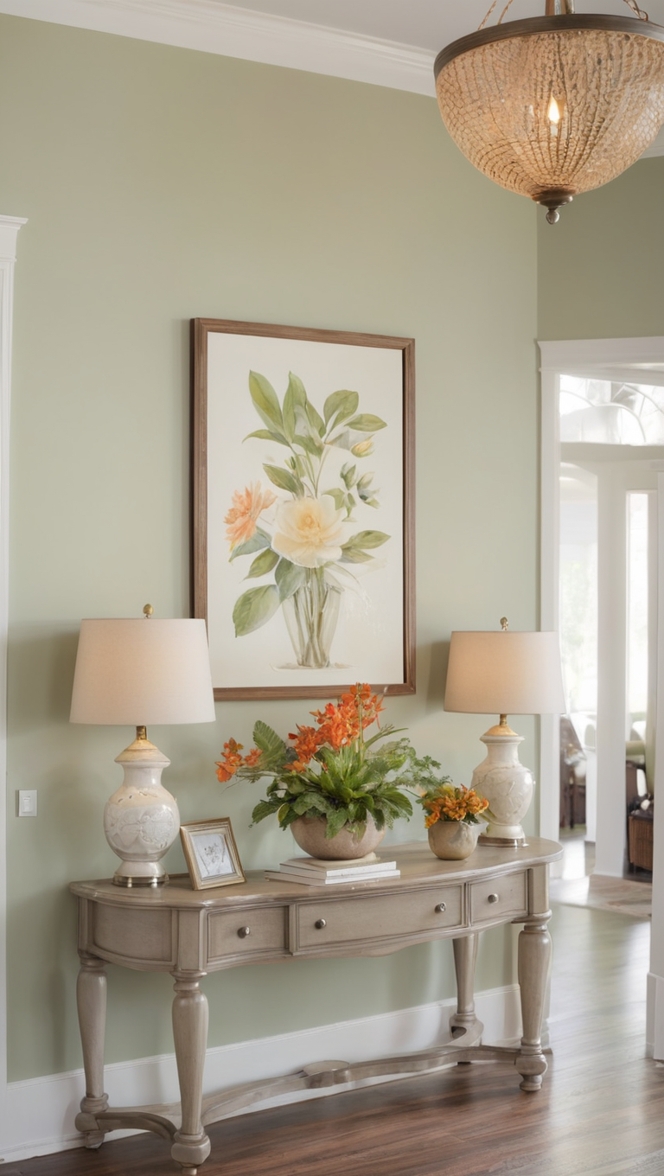 home entrance table decor, modern entryway decor, stylish hallway decorations, elegant console table setup, chic foyer design