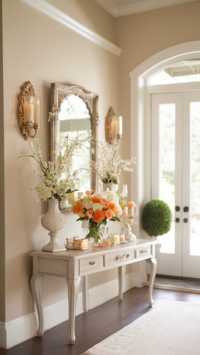 home entrance table decor, modern entryway decor, stylish hallway decorations, elegant console table setup, chic foyer design