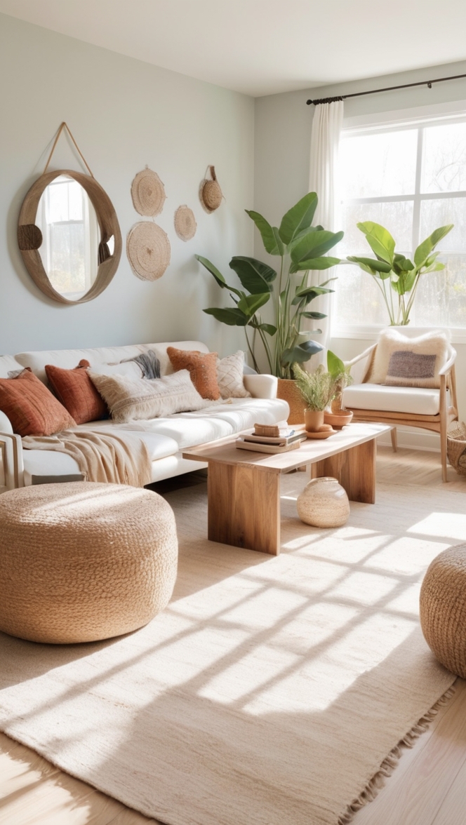 minimalist living room decor, modern bohemian design, Scandinavian boho style, minimalist chic home, contemporary boho decor