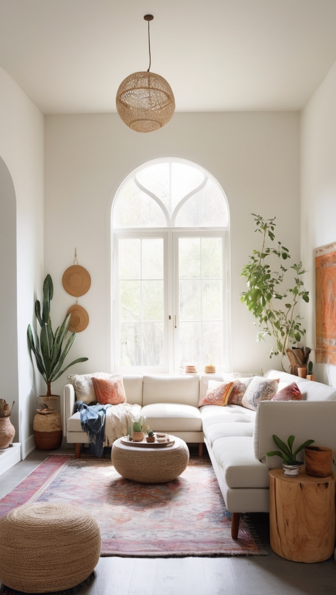 minimalist living room decor, modern bohemian design, Scandinavian boho style, minimalist chic home, contemporary boho decor