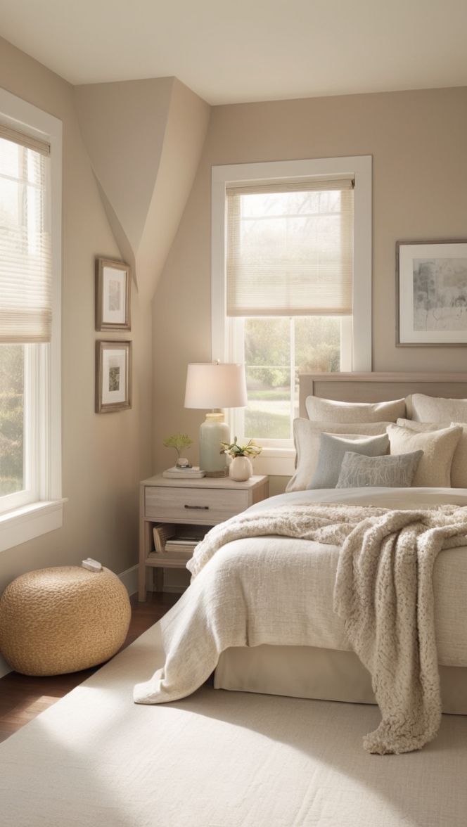 modern bedroom decor, cozy bedroom ideas, neutral bedroom furniture, elegant bedroom design, minimalist bedroom makeover