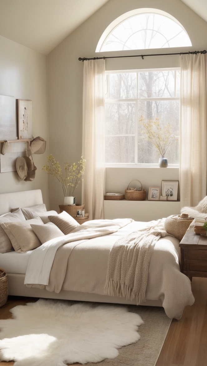 modern bedroom decor, cozy bedroom ideas, neutral bedroom furniture, elegant bedroom design, minimalist bedroom makeover