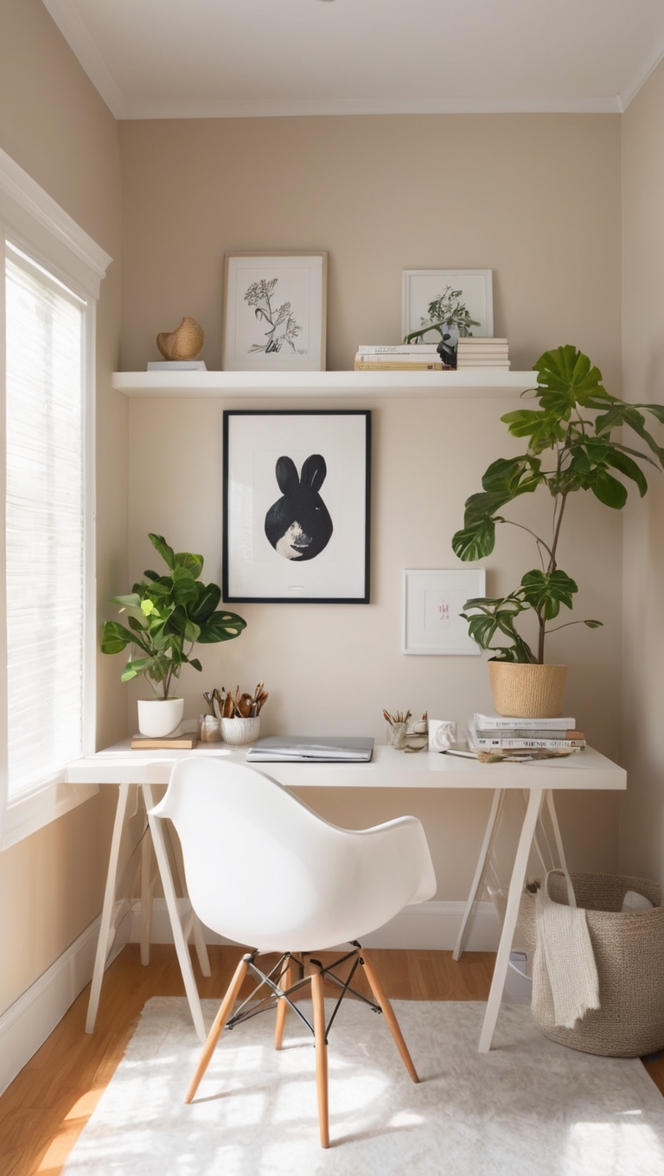 neutral home office decor, home office design ideas, cozy home office setup, modern home office furniture, minimalist office decor
