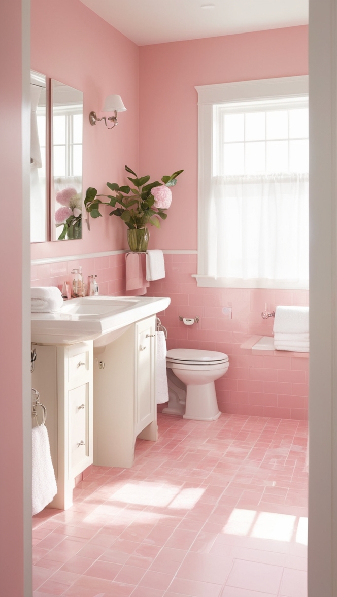 pink bathroom tiles, pink tile flooring, pink bathroom wall tiles, pastel pink tiles, rosy pink tiles