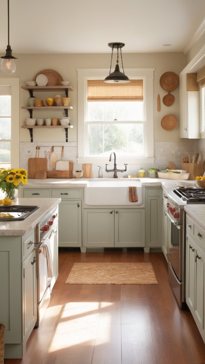 farmhouse sink, kitchen island, shaker cabinets, quartz countertops, open shelving