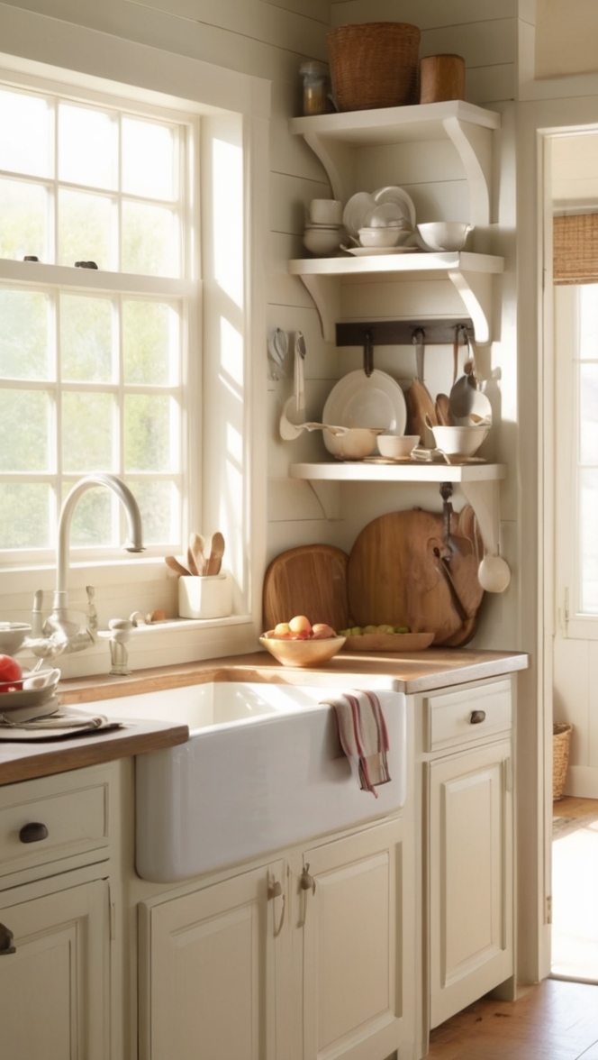 farmhouse sink, kitchen island, shaker cabinets, quartz countertops, open shelving