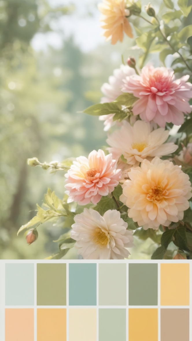 summer color palette, soft pastel shades, gentle tones, light and airy hues, delicate color scheme
