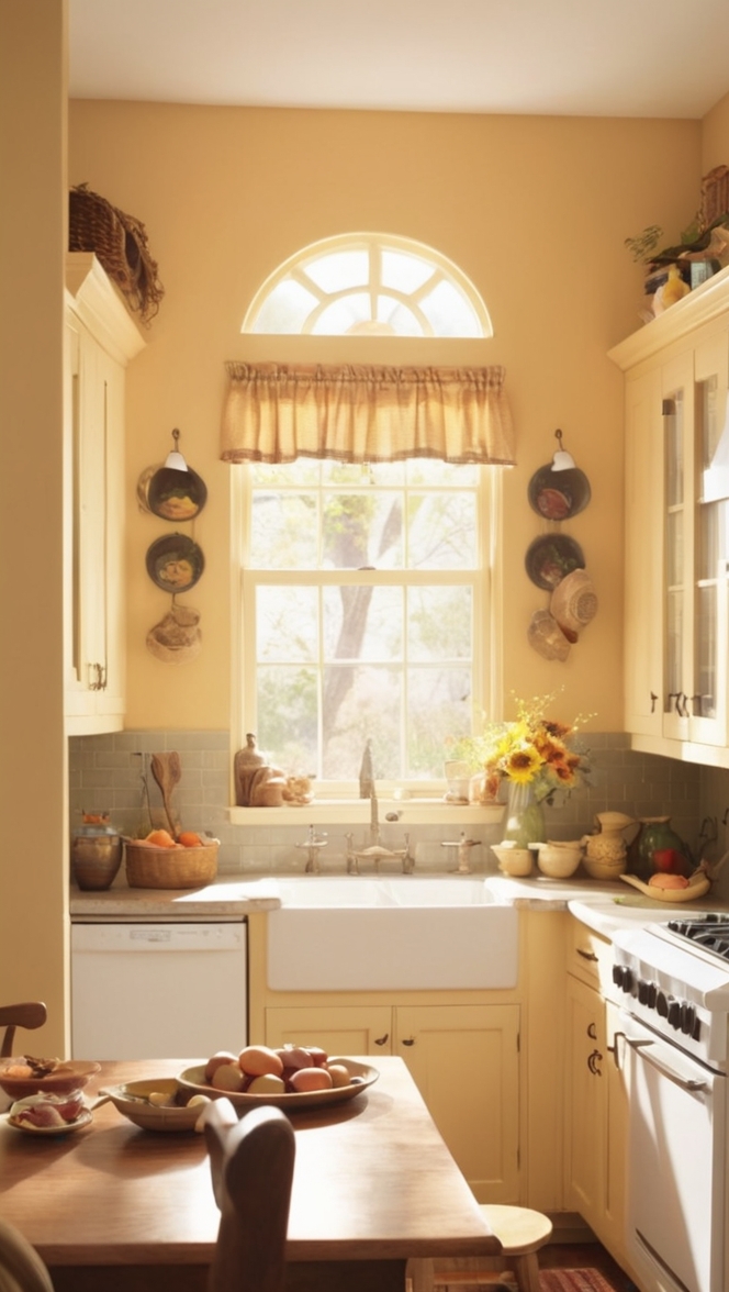 cozy kitchen decor, rustic kitchen design, farmhouse kitchen style, inviting kitchen atmosphere, homey kitchen ambiance