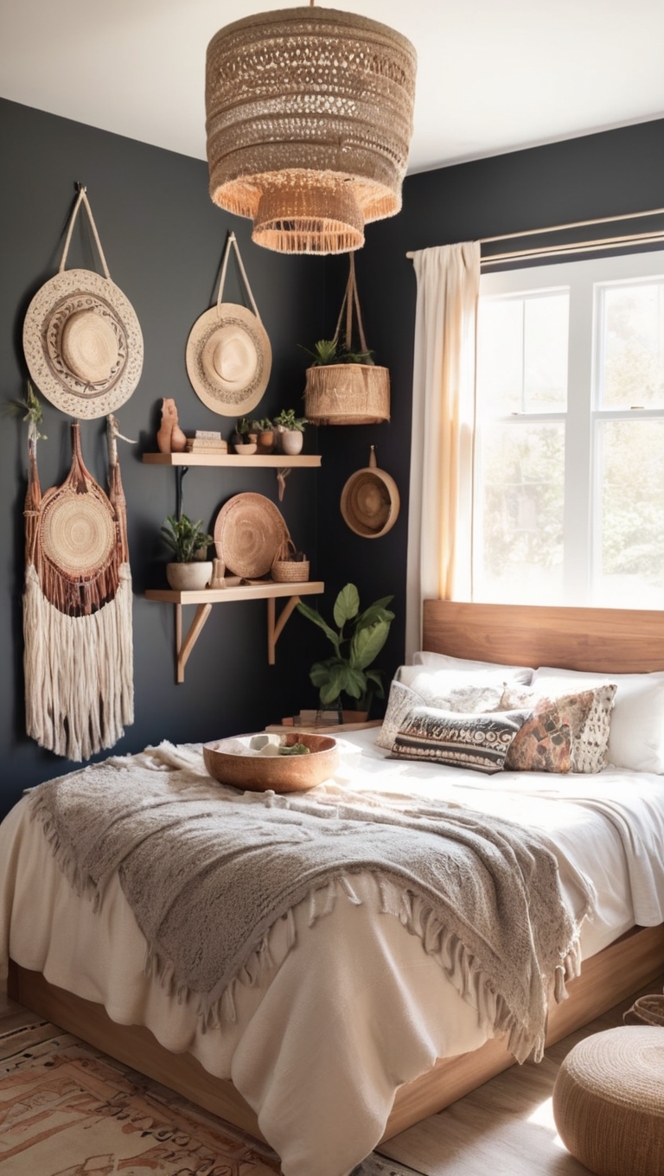 black boho decor, boho style bedroom, bohemian bedroom decor, black and white boho, boho chic bedroom