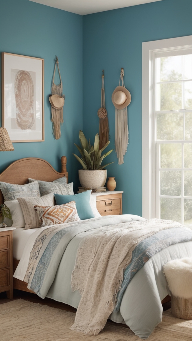 boho chic decor, bohemian bedroom, blue bedding, eclectic style, stylish home decor