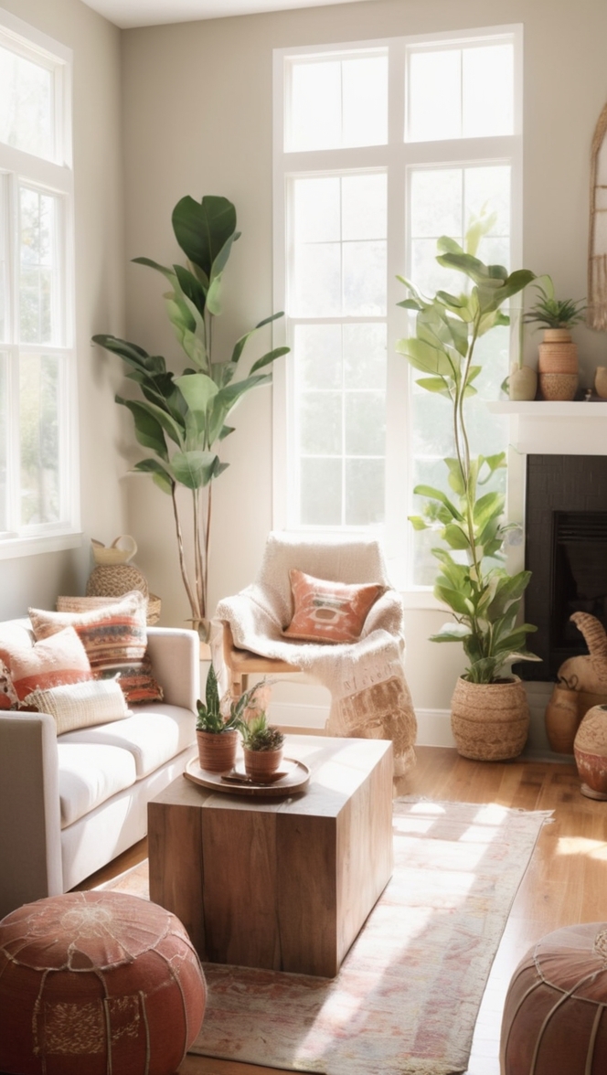 boho chic decor, modern bohemian style, minimalist furniture, eclectic home design, contemporary boho living