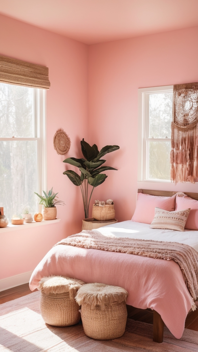boho chic bedroom decor, bohemian style room ideas, pink bohemian bedroom, unique boho bedroom, feminine boho room