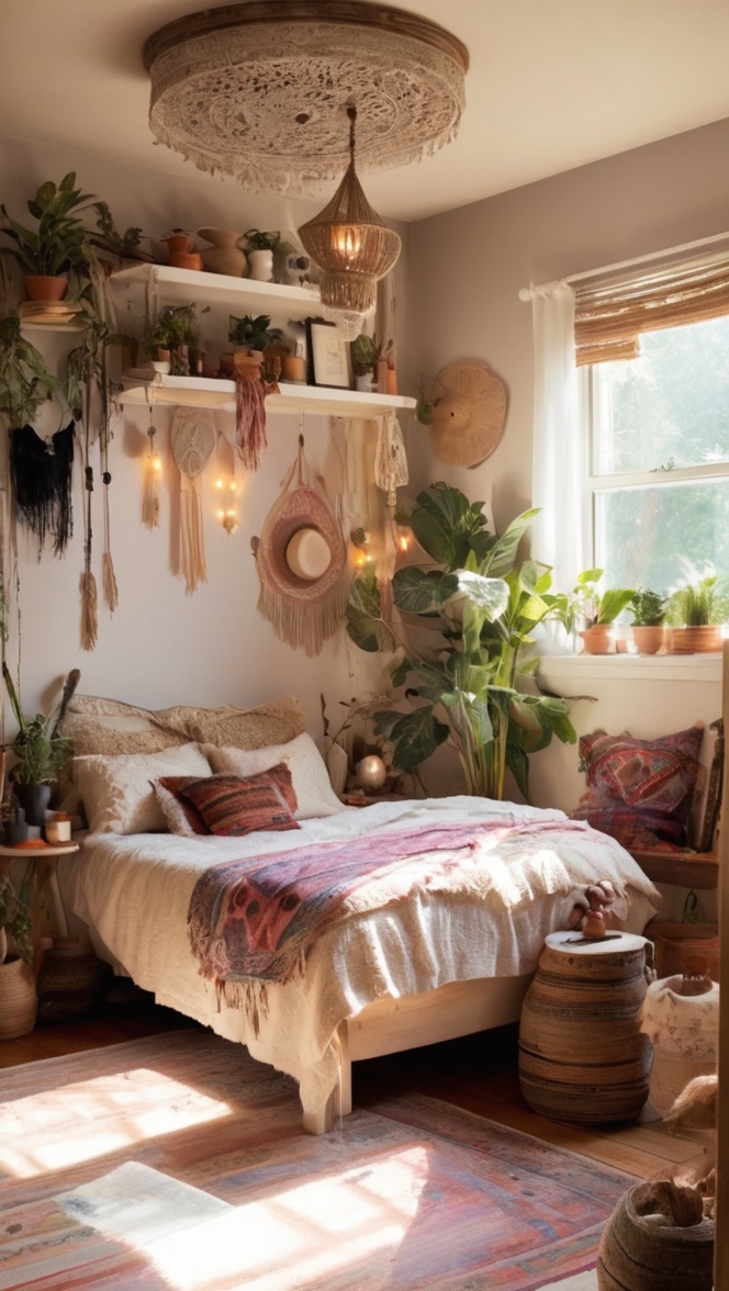 boho chic decor, bohemian home accessories, vintage witchy decor, mystical bedroom design, eclectic boho styling