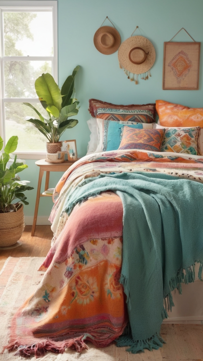 boho chic decor, bohemian bedding, vibrant bedroom decor, eclectic bedroom design, colorful tapestry