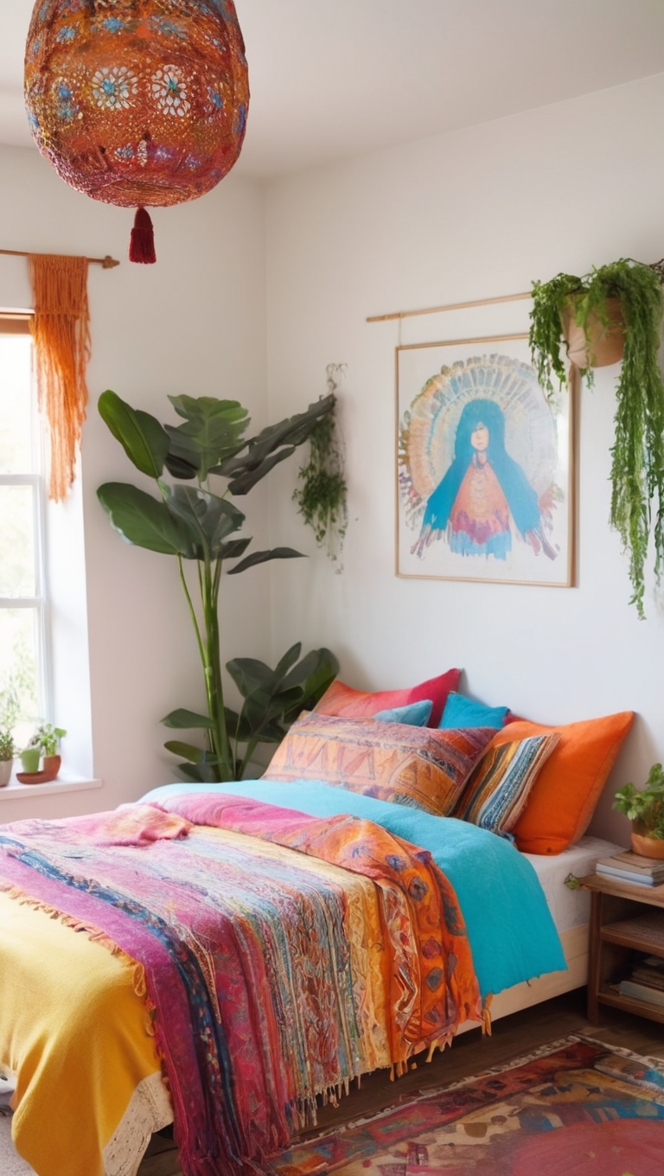 boho chic decor, bohemian bedding, vibrant bedroom decor, eclectic bedroom design, colorful tapestry