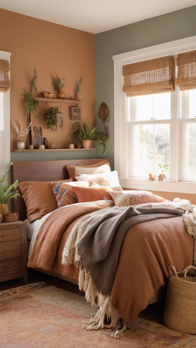 cozy bedroom decor, bohemian bedding, earthy bedroom design, rustic bedroom furniture, minimalist bedroom ideas