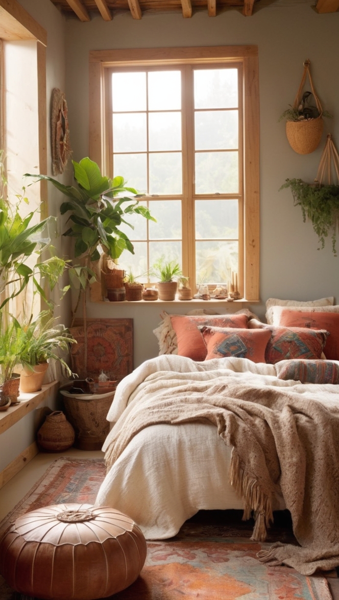 cozy bedroom decor, bohemian bedding, earthy bedroom design, rustic bedroom furniture, minimalist bedroom ideas