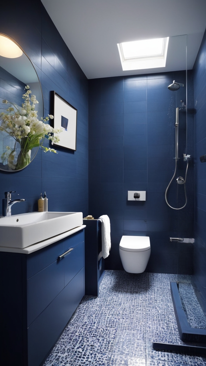 blue bathroom tiles, navy blue tiles, dark blue ceramic tile, indigo bathroom tile, midnight blue floor tile