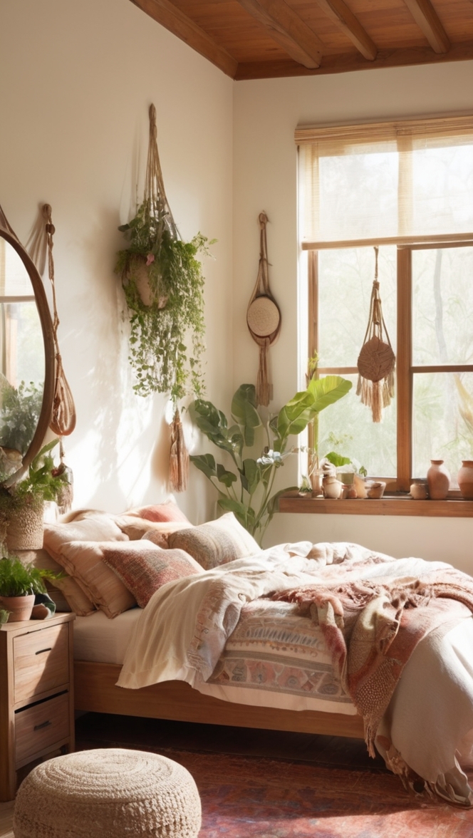 bohemian interior decor, boho chic style, urban jungle decor, artisanal home furnishings, organic textiles