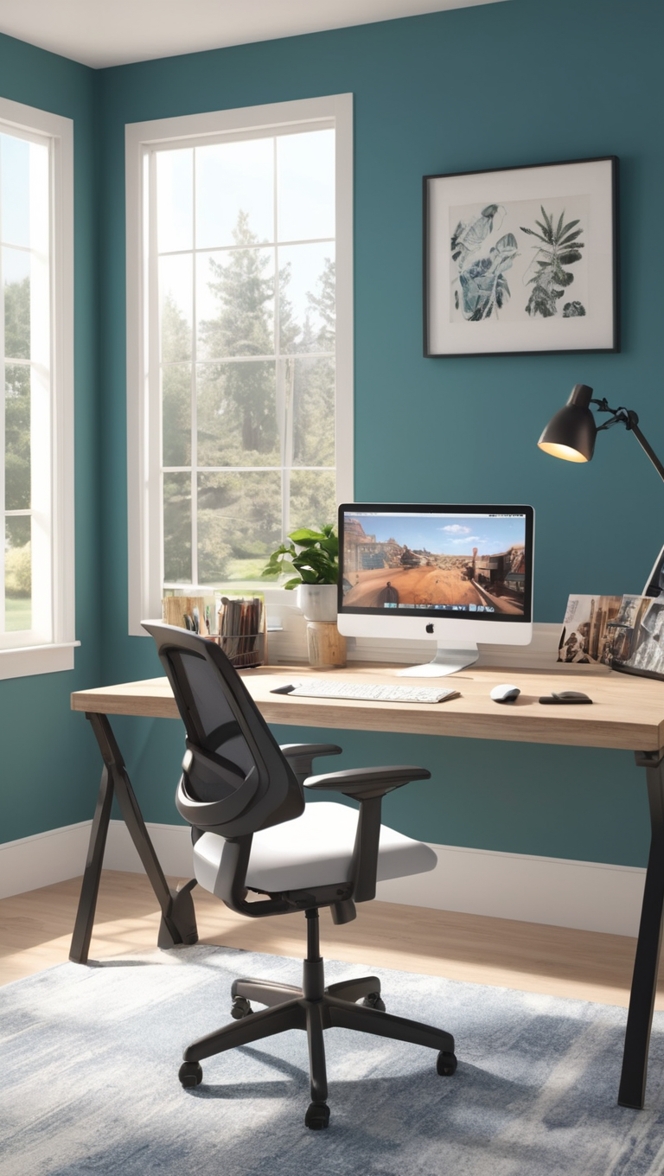 home office setup, gaming desk, ergonomic chair, dual monitor setup, wireless keyboard