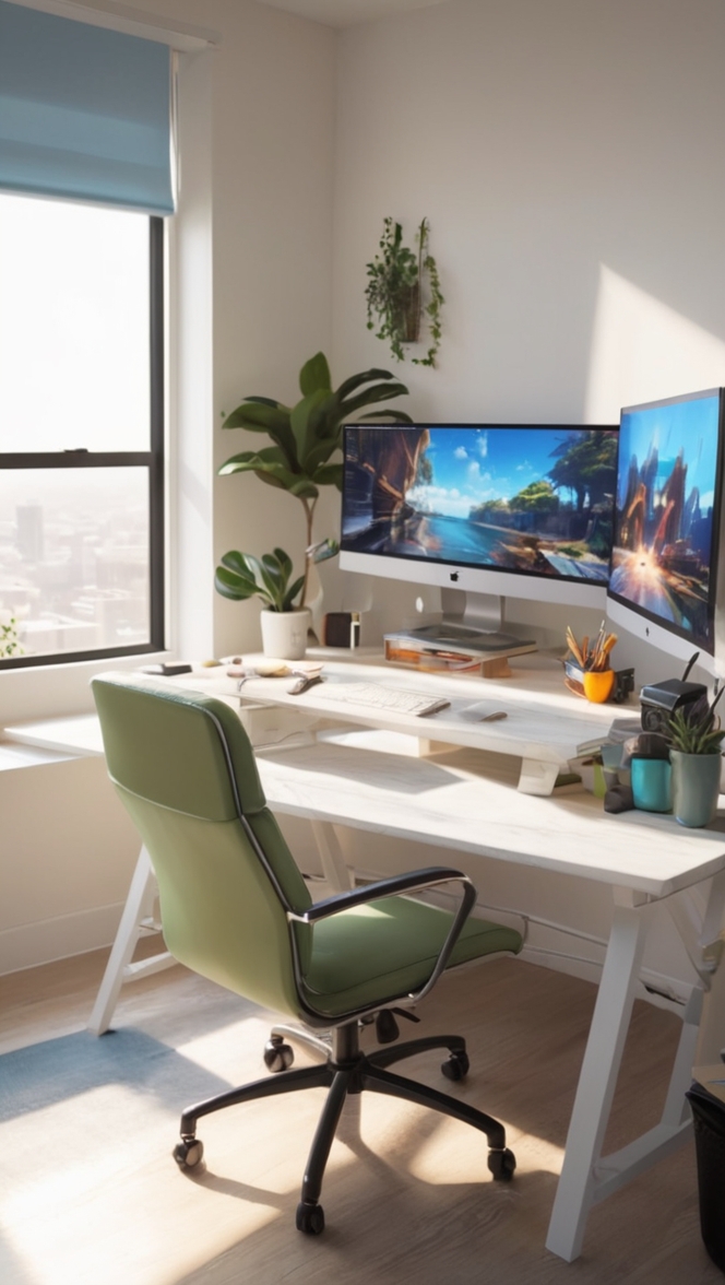 home office setup, gaming desk, ergonomic chair, dual monitor setup, wireless keyboard