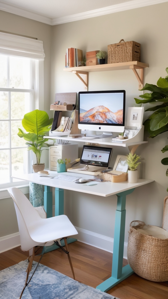 home office furniture, ergonomic office chair, adjustable standing desk, computer monitor stand, ergonomic keyboard.