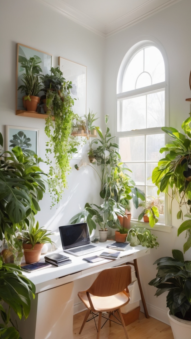 home office decor, indoor plants, work from home space, office organization, plant decor