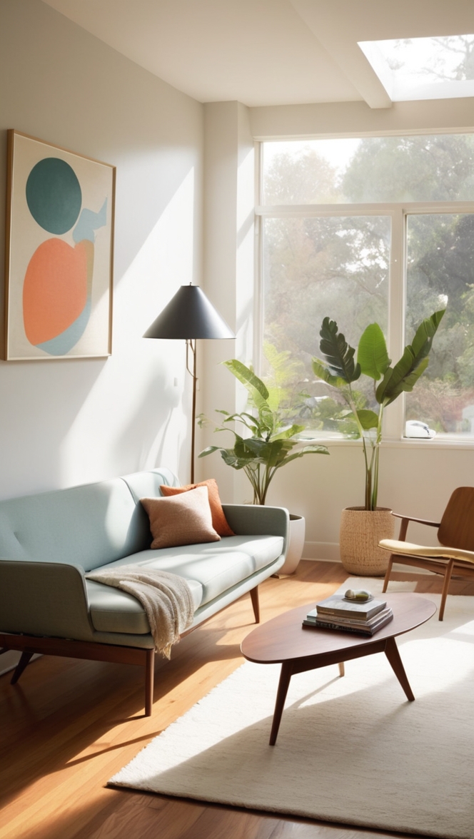 mid century modern furniture, minimalist decor, interior design, Scandinavian style, retro furniture