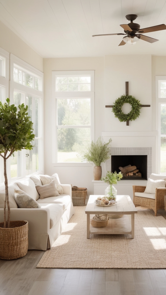 How can I create a cozy minimalist farmhouse living room? ?