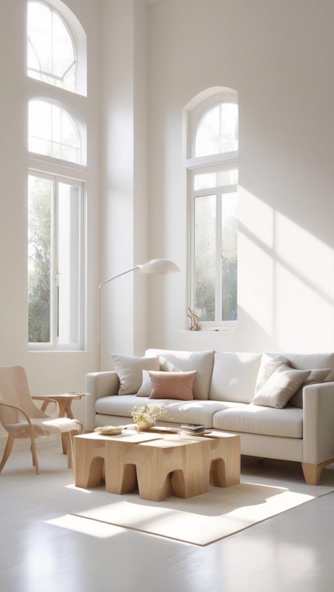 How can I create a cozy ambiance in my living room with minimalist furniture? ?