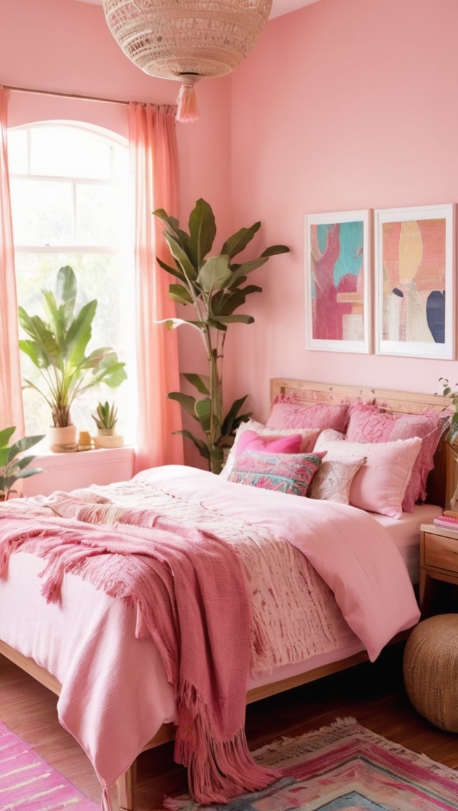 boho chic decor, bohemian bedroom design, pink room ideas, feminine bedroom style, romantic bedroom decor