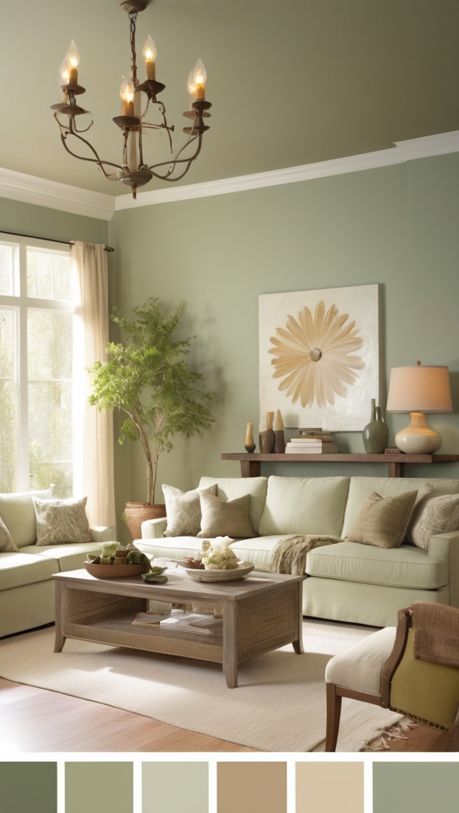 sage green sofa, tan walls, modern living room, contemporary decor, neutral color palette
