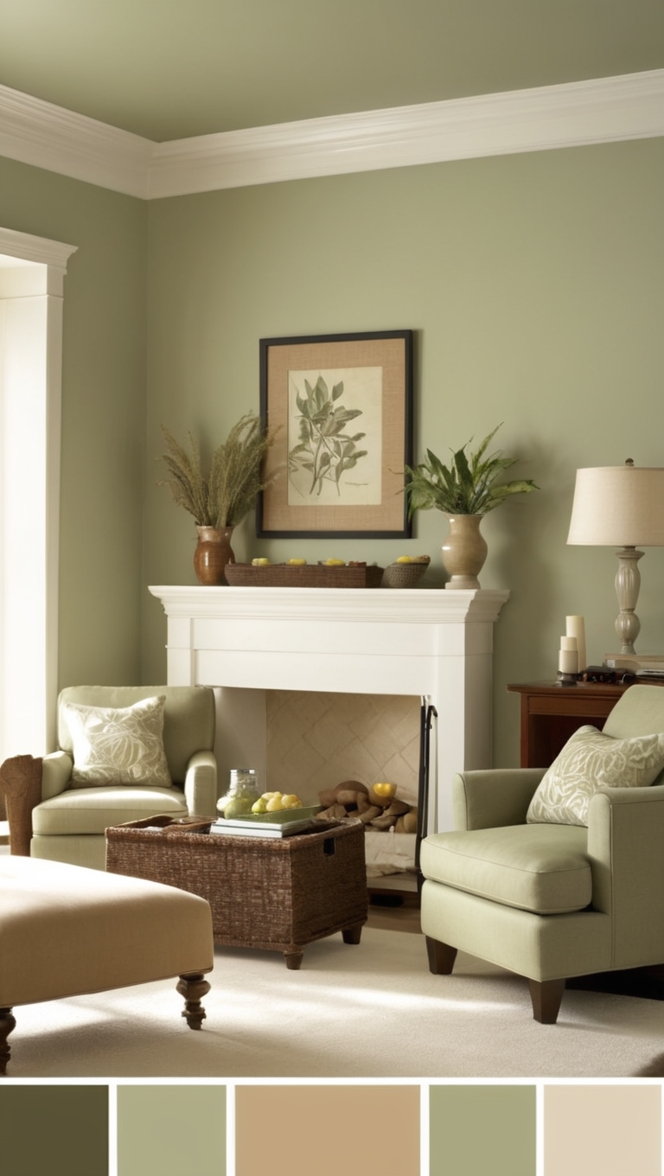 sage green sofa, tan walls, modern living room, contemporary decor, neutral color palette