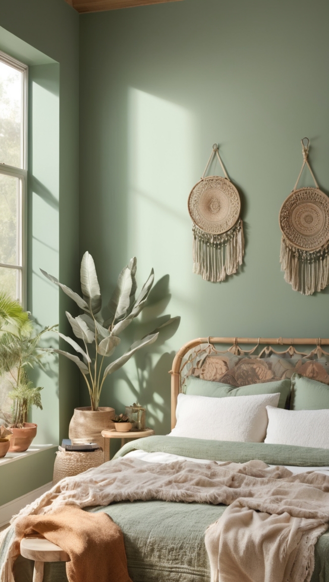 boho bedroom decor, sage green bedding, bohemian bedroom ideas, sage green throw pillows, boho bedroom furniture
