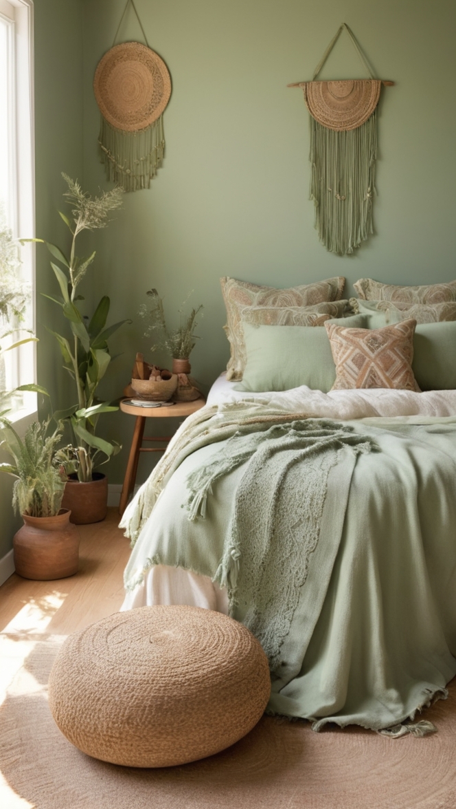 boho bedroom decor, sage green bedding, bohemian bedroom ideas, sage green throw pillows, boho bedroom furniture