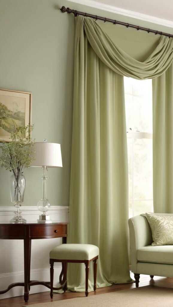 How can I style my living room with sage green curtains?