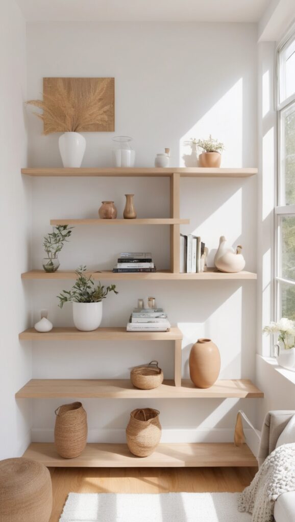 Image showcasing How can I create a minimalist look in my living room using shelf decor?
