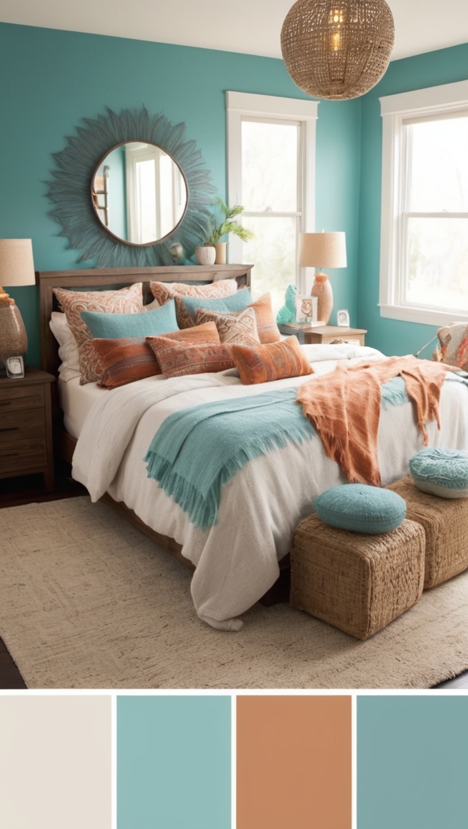 bohemian decor, boho chic furniture, teal bedding, vintage rugs, boho style curtains