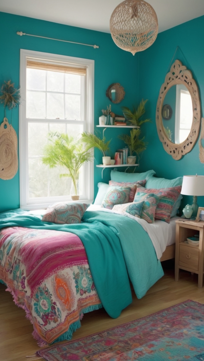 bohemian decor, boho chic furniture, teal bedding, vintage rugs, boho style curtains