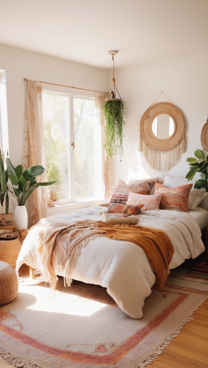 boho bedroom decor, cozy warm bedroom, bohemian bedroom ideas, stylish bedroom designs, chic bedroom decorating
