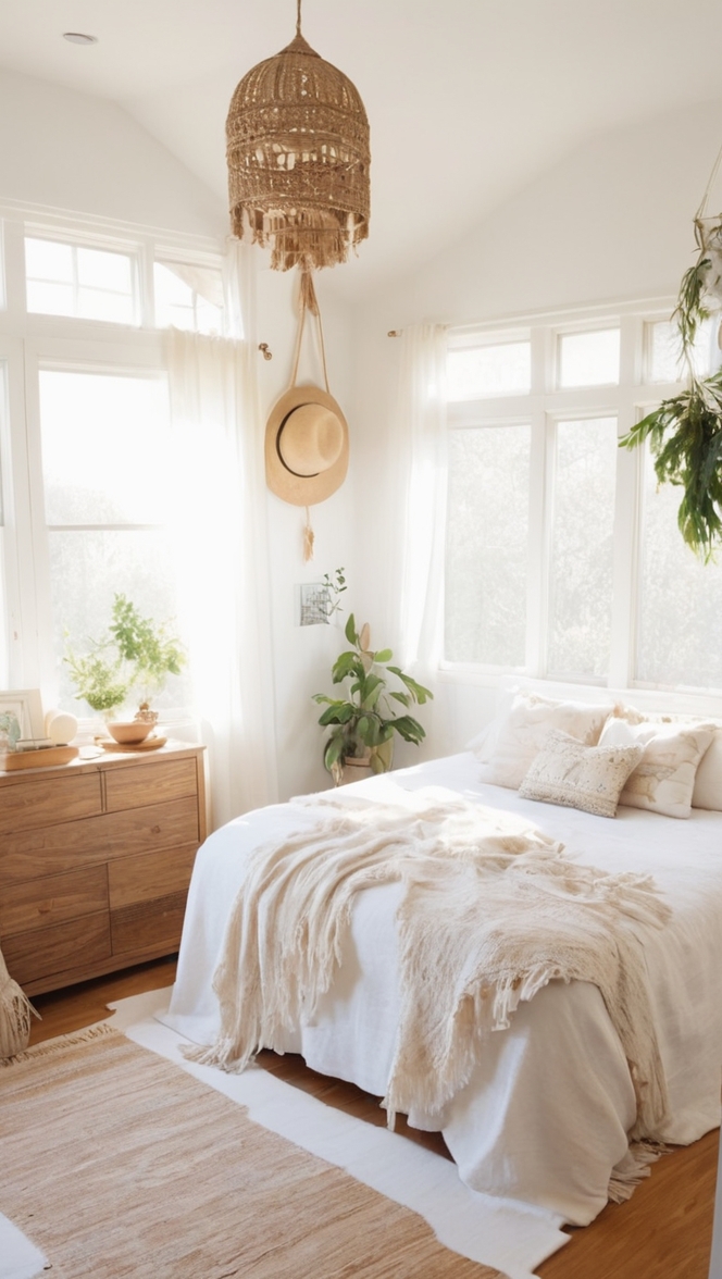boho bedroom decor, white bedroom furniture, bohemian bedding, minimalist bedroom ideas, cozy bedroom design